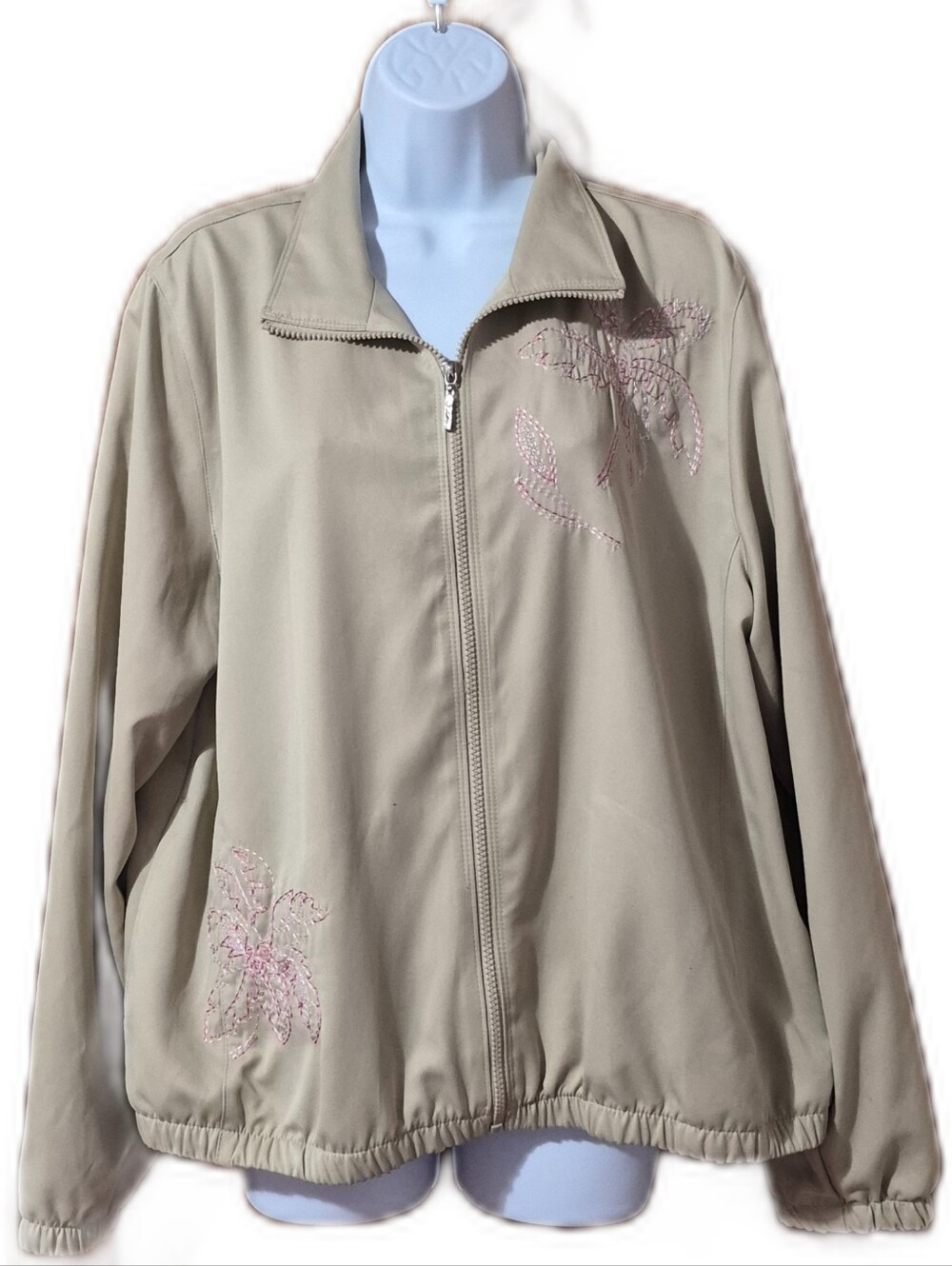 Koret Beige Vintage Embroidered Zip-Front Jacket Front Pockets, Elastic Cuff EUC